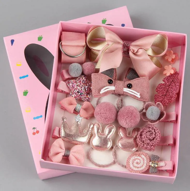 Girls Cute Hair Accessories Set - Fabric Bow, Flower Hairpins, Barrette Hair clips, 18 pcs/box