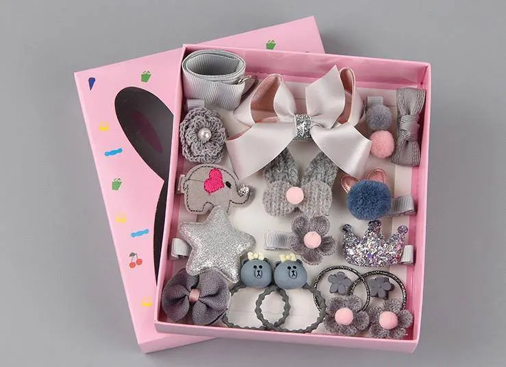 Girls Cute Hair Accessories Set - Fabric Bow, Flower Hairpins, Barrette Hair clips, 18 pcs/box