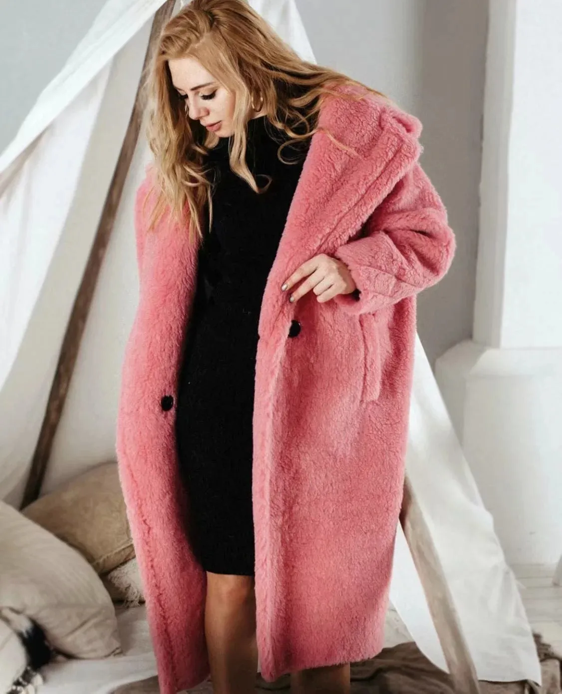 Lambswool Button Splicing Lapel Overcoat Outerwear