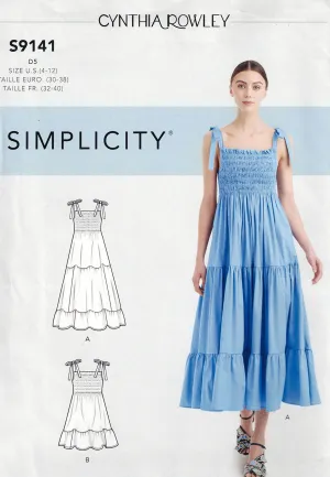 Simplicity 9141 CYNTHIA ROWLEY Womens Shirred Bodice Tiered Skirt Mini Dress or Sundress Out Of Print Sewing Pattern Size 4 - 12 UNCUT Factory Folded